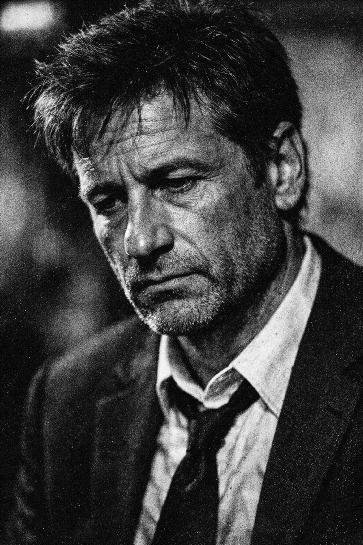 Gritty black and white journalistic portrait showing raw textures and authentic lighting of a subject.