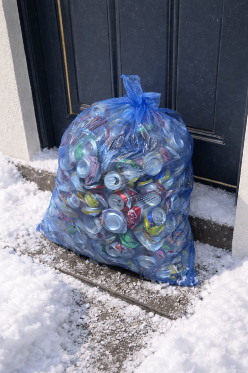 Blue recycling bag on snowy doorstep