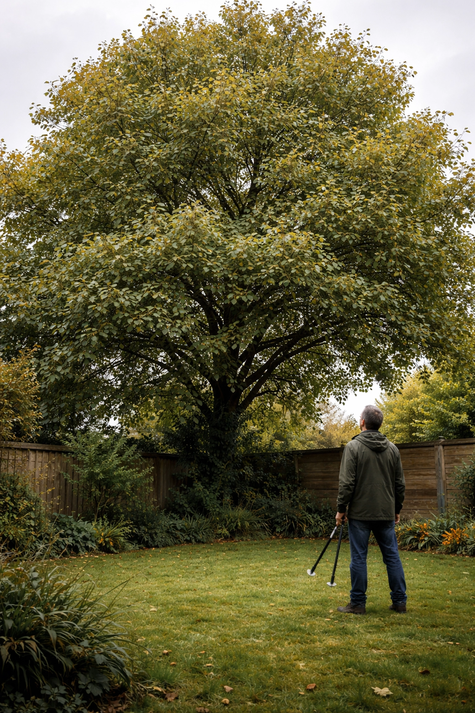 Homeowner preparing to prune an overgrown tree in a UK garden, demonstrating common tree pruning mistakes