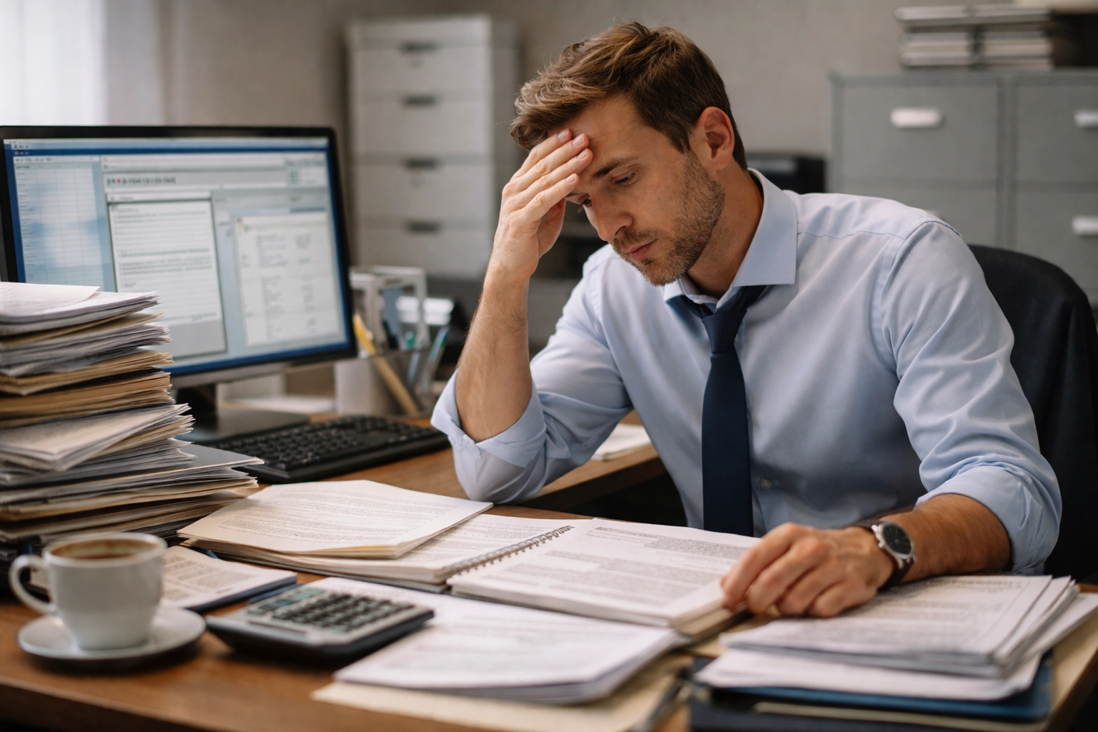 Stressed office manager overwhelmed by paperwork representing in-house medical billing challenges