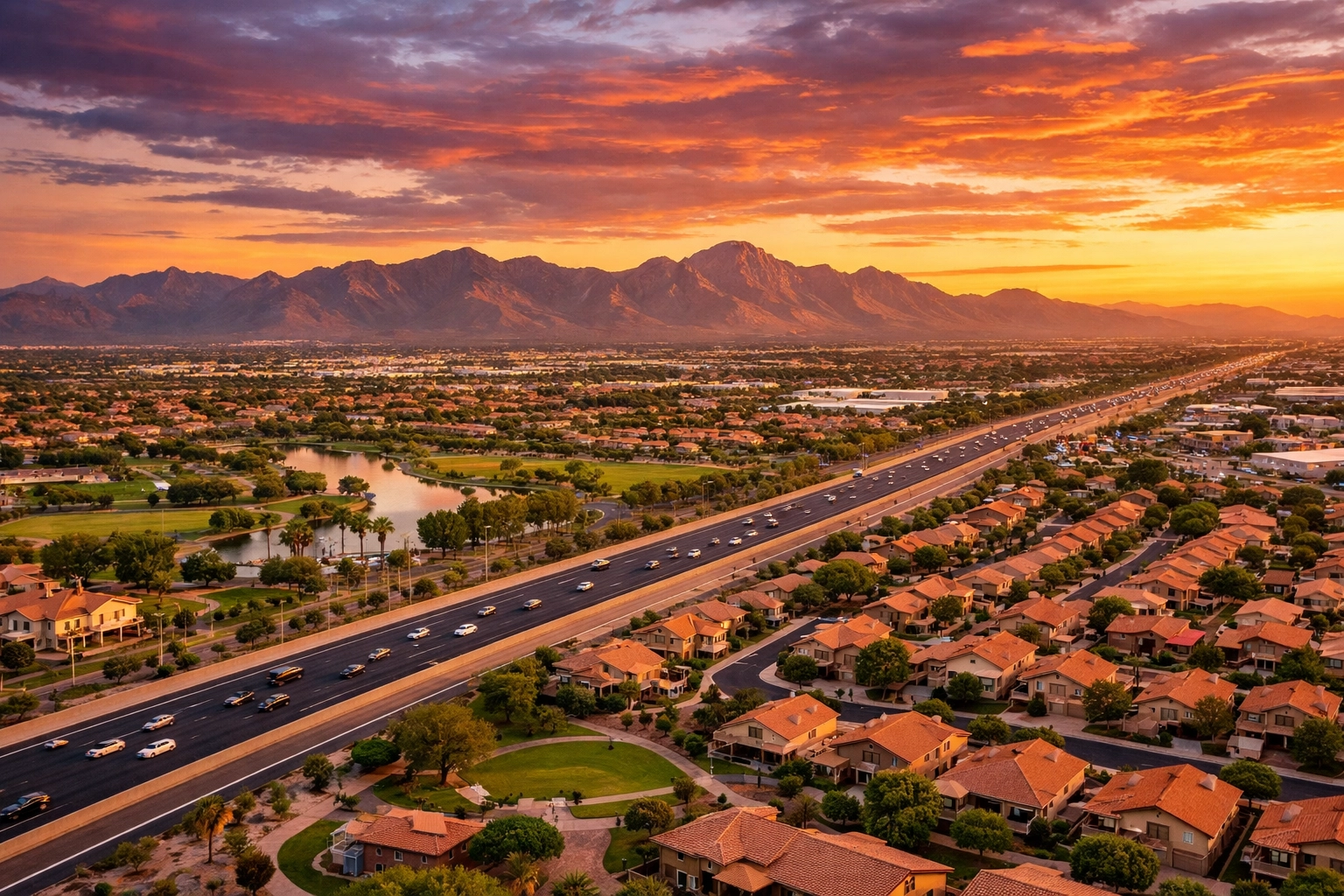 Aerial view of Avondale Arizona neighborhoods near Agua Fria schools with mountain backdrop