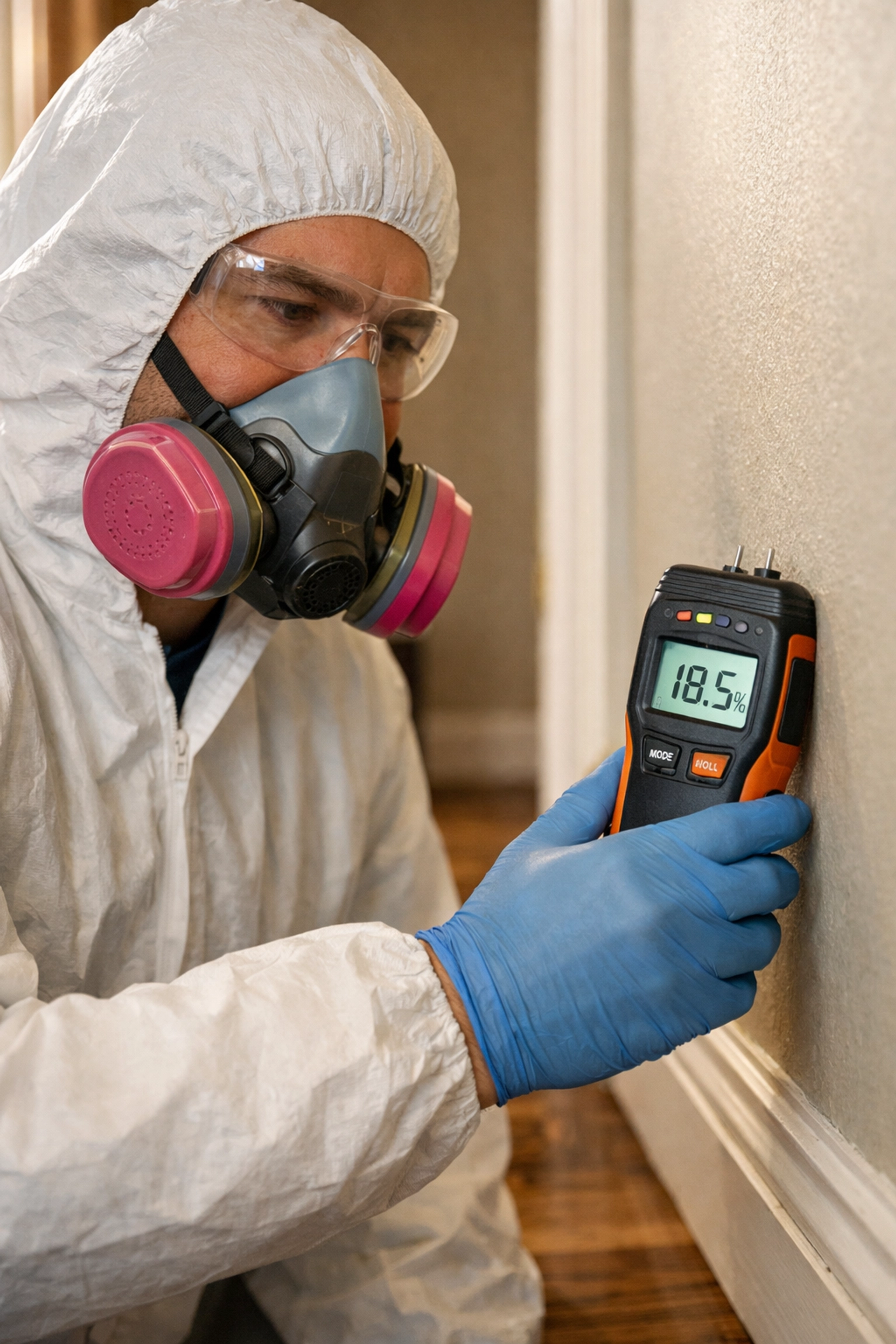 Professional mold inspector checking wall moisture in Delaware home