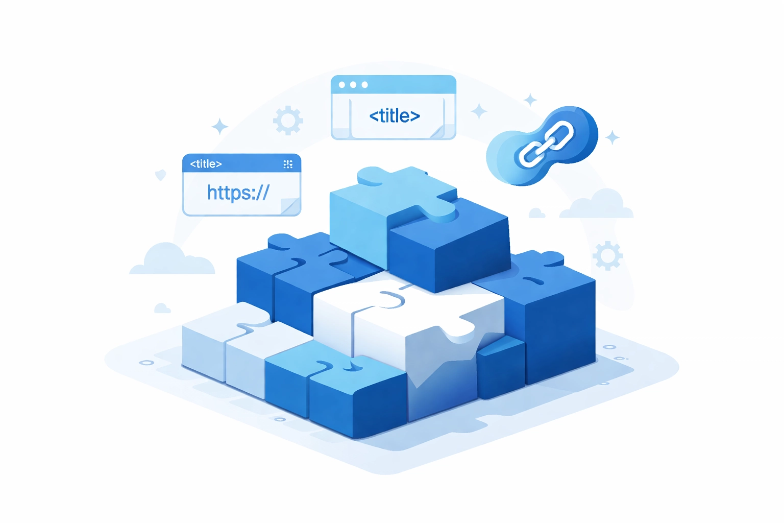 Building blocks representing core SEO fundamentals like title tags, URLs, and internal linking