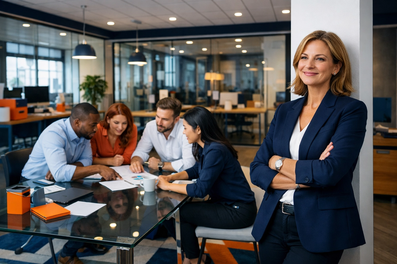 Successful property management owner supervising a collaborative, autonomous team in a modern office.