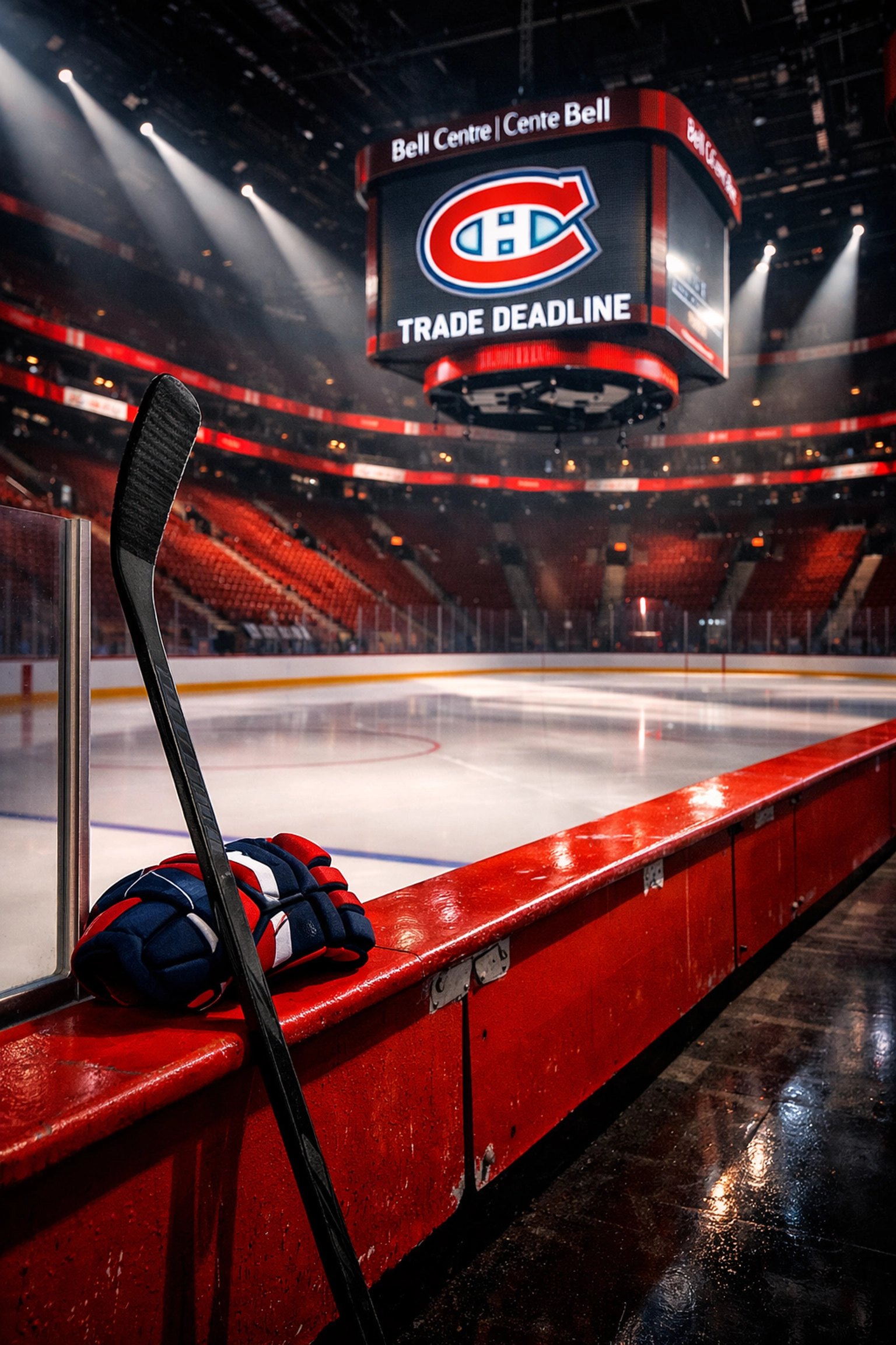 The empty ice and players' bench at the Bell Centre before a Montreal Canadiens game.
