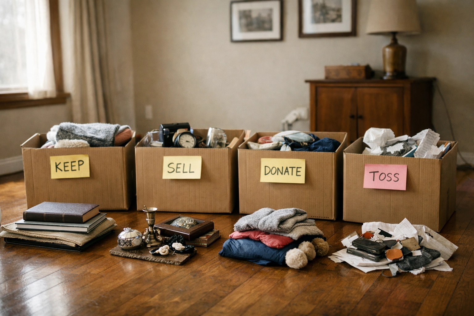 Sorted piles and labeled boxes for estate liquidation services in Worthington/Columbus Ohio (keep, sell, donate, toss).