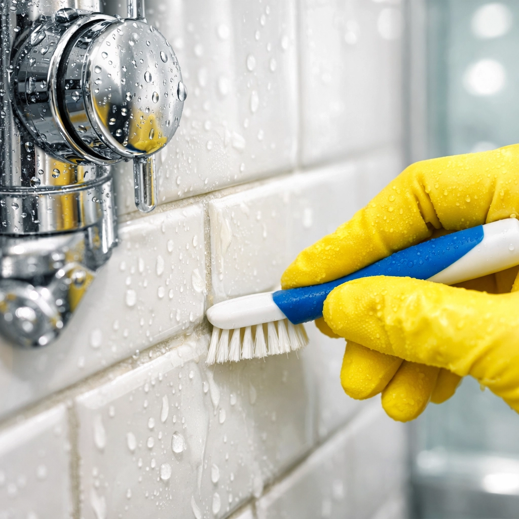 Detailed deep house cleaning Townsend MA showing professional scrubbing of bathroom shower tile grout.