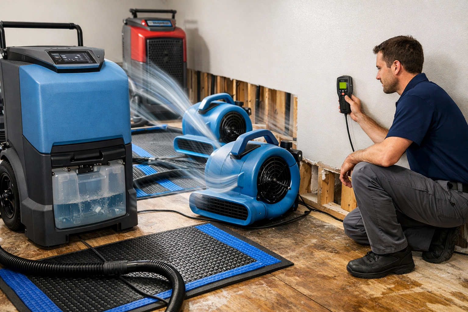 Professional water damage restoration technician using industrial dehumidifiers and moisture meters
