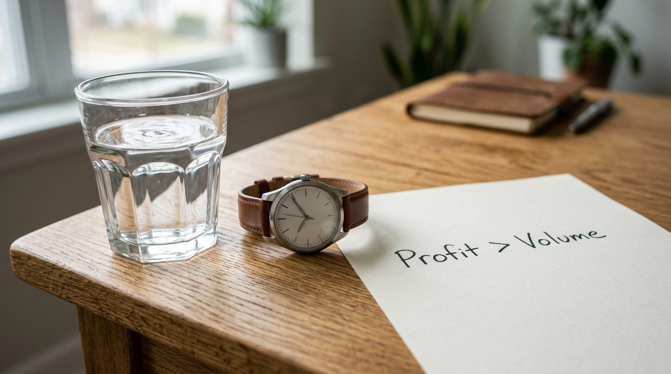 Watch and glass of water on a desk with a note saying Profit over Volume