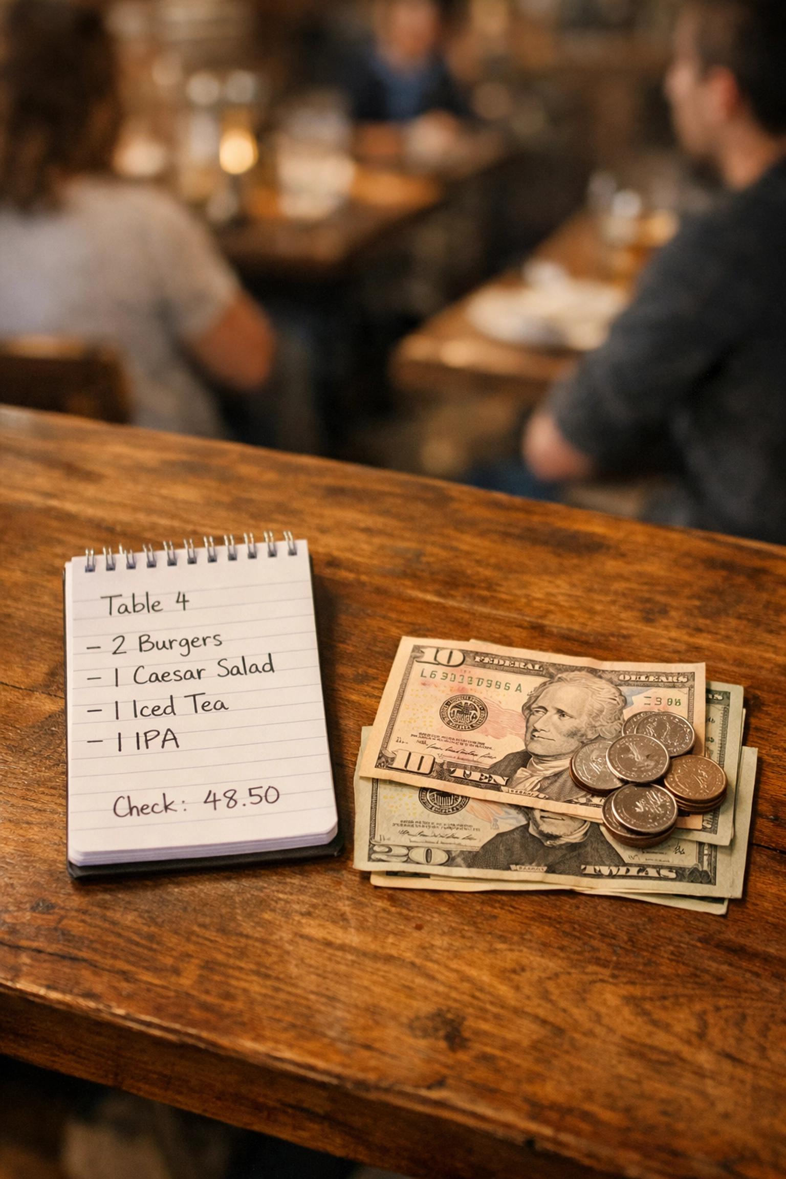 Restaurant server's notepad with tips showing qualified tip income for tax deduction