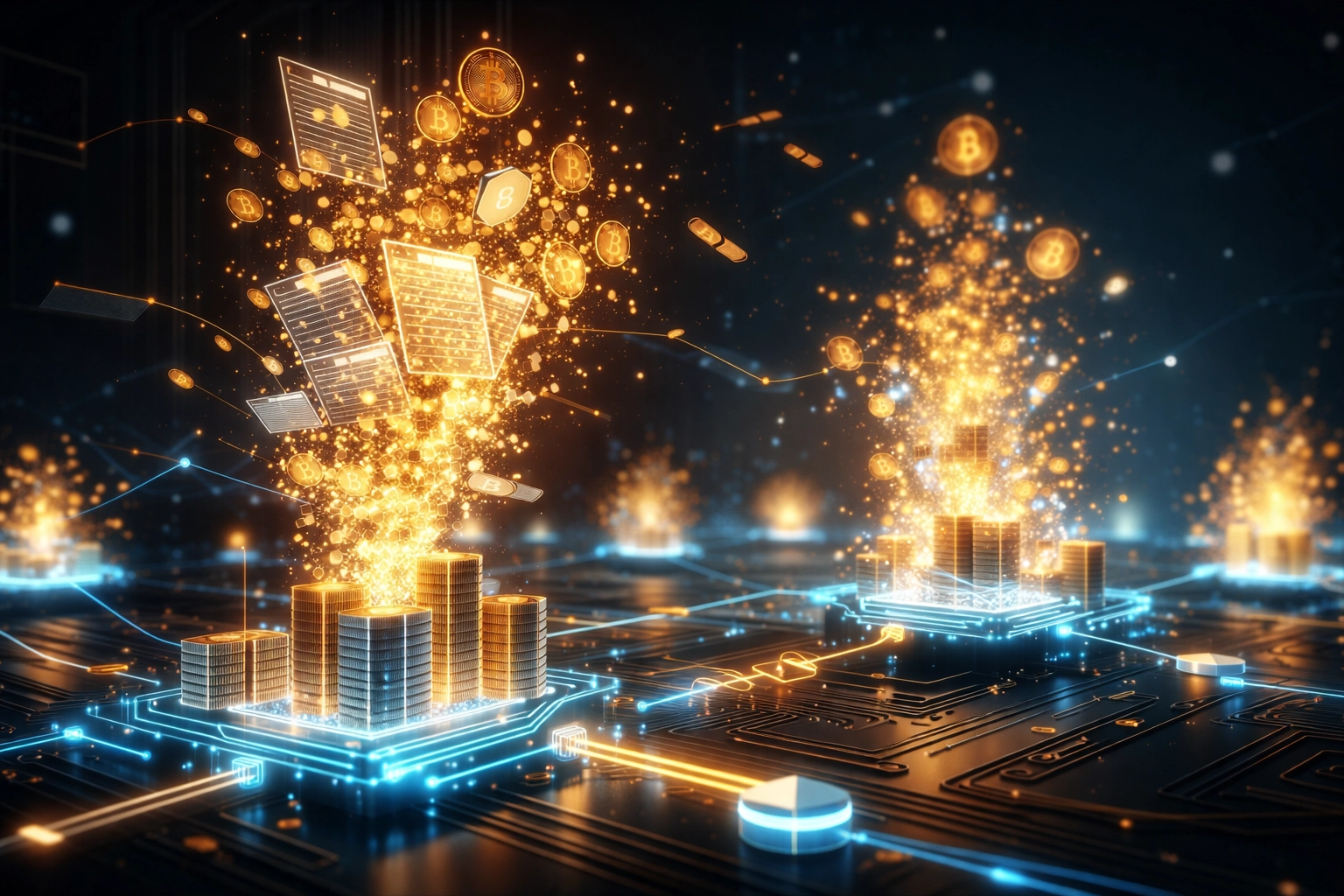 Visualizing the transformation of blockchain payments into digital assets with NFT receipts for business liquidity.