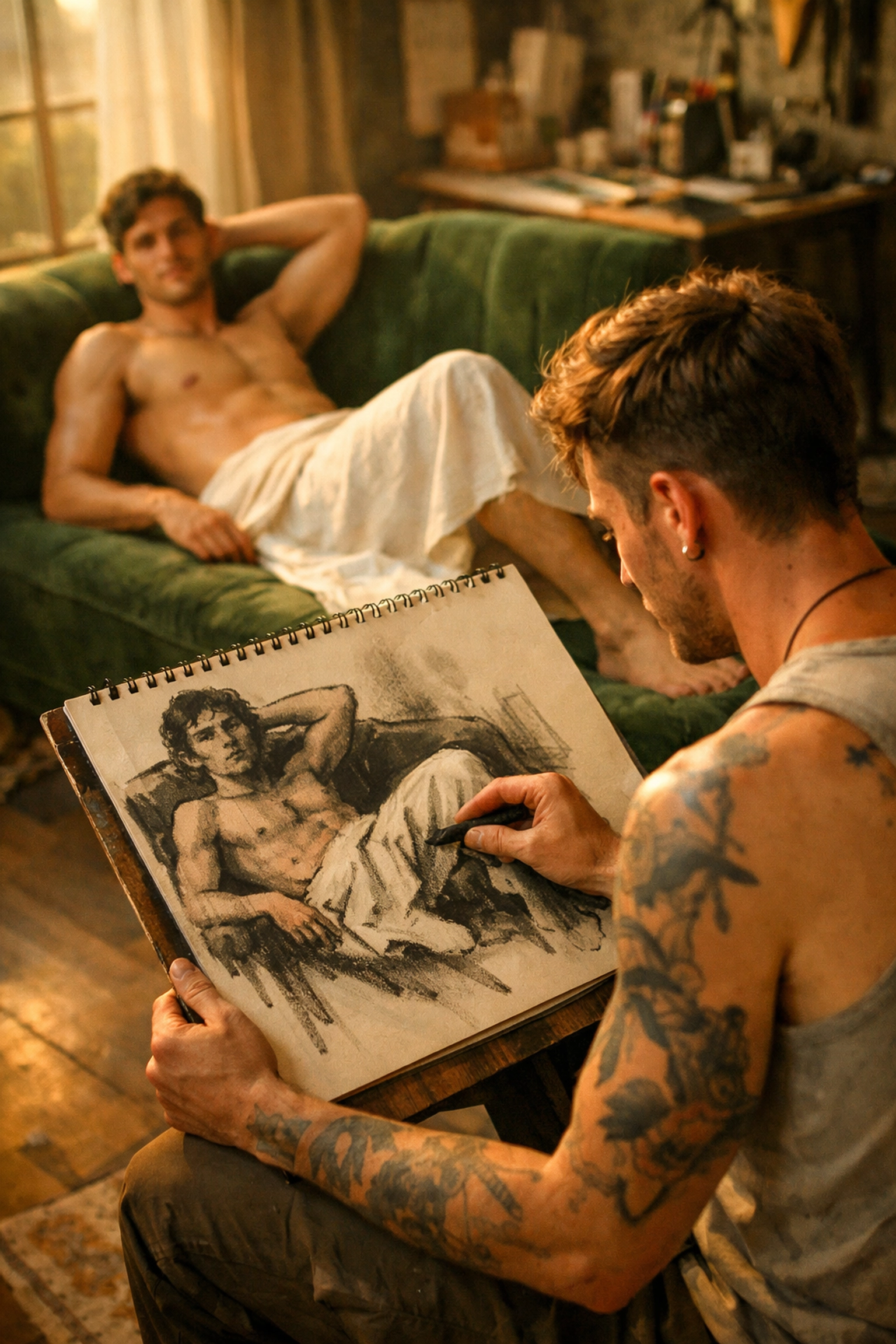Gay artist sketching a nude partner in an intimate studio setting, reclaiming queer artistic narratives.