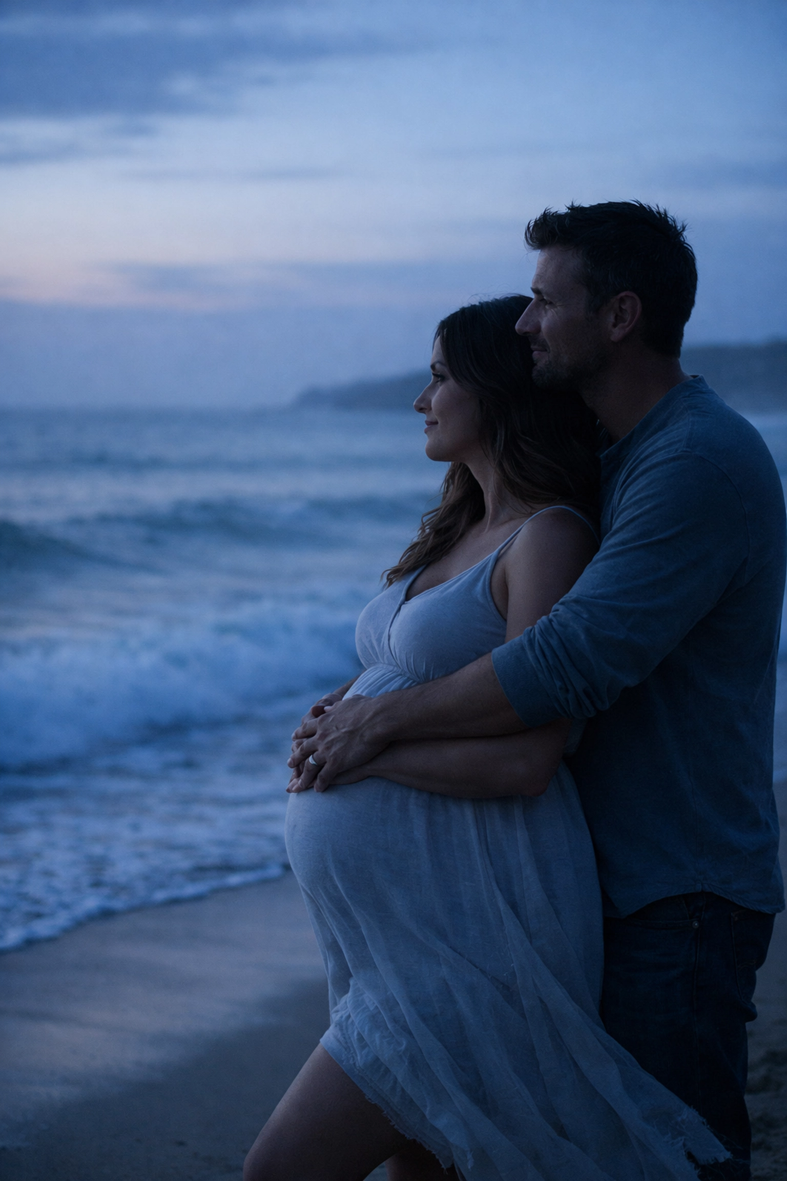An intimate couple's beach maternity photoshoot on the Northern Beaches during the blue hour at sunset.