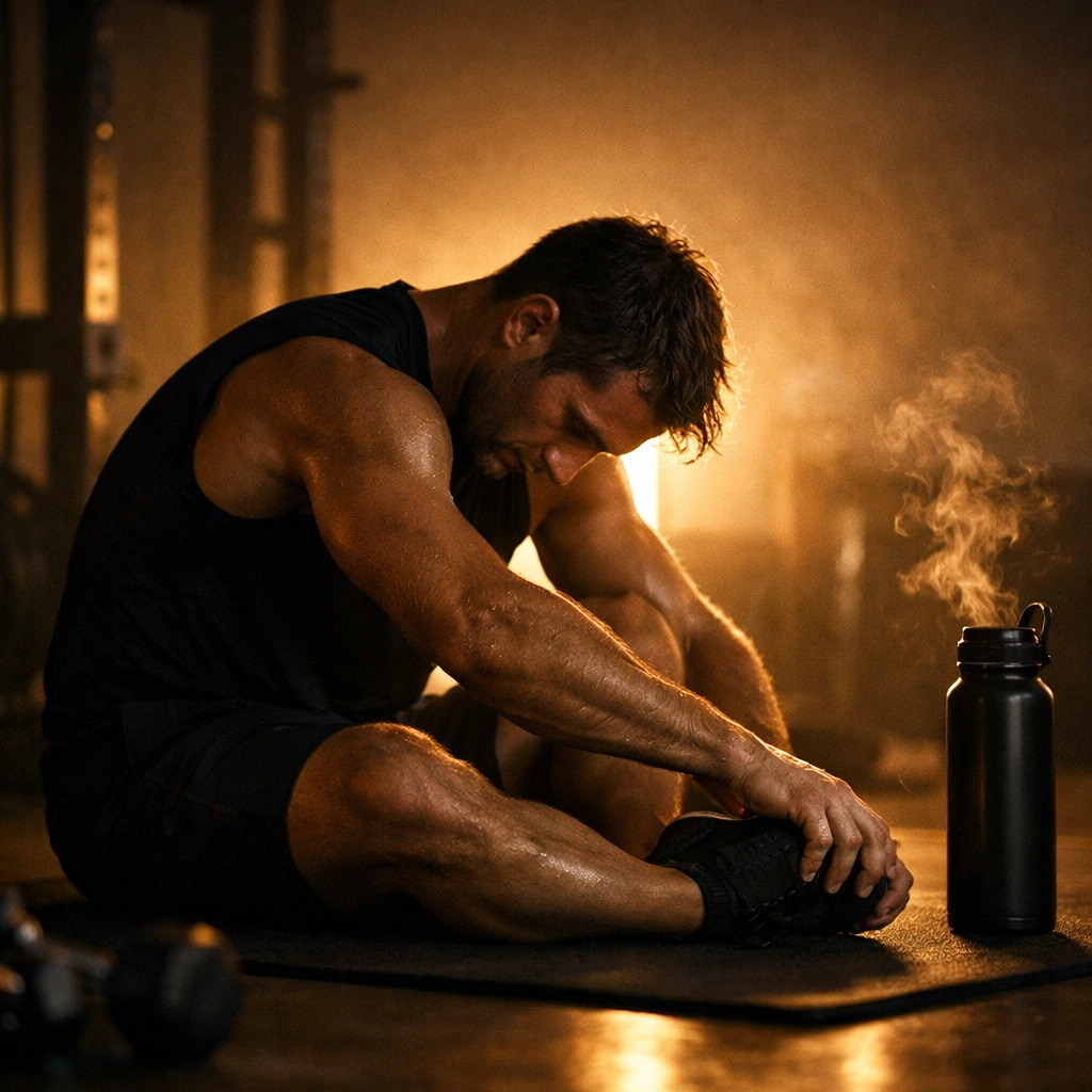 Post-workout recovery and mobility training using professional home gym equipment.