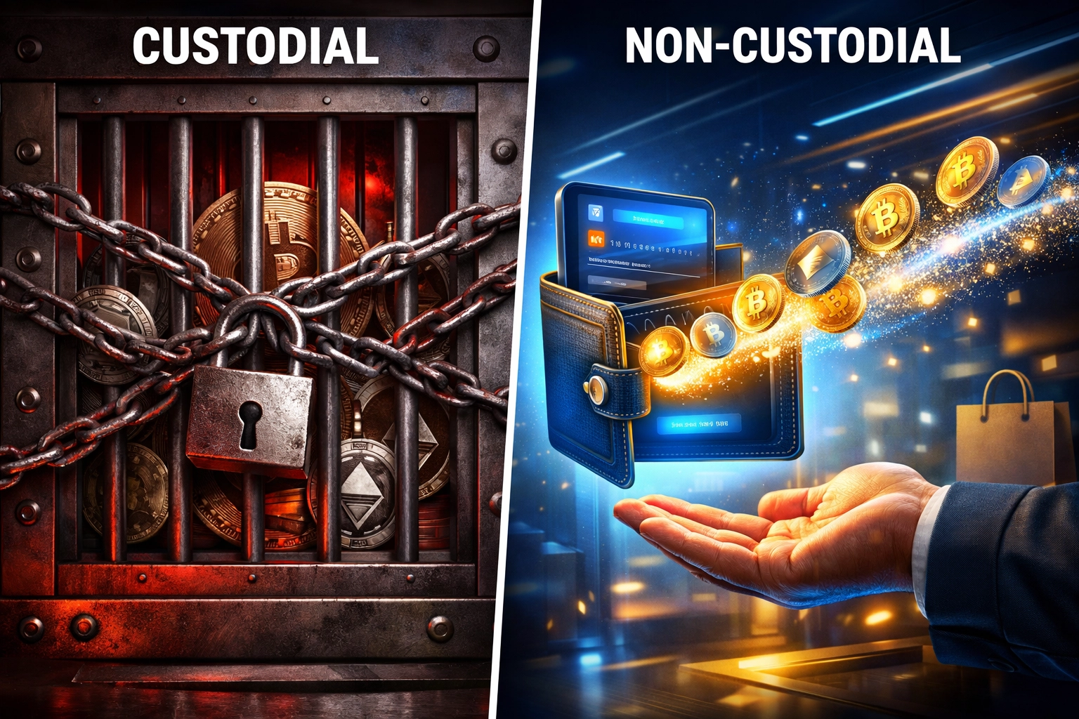 Custodial vs non-custodial crypto payment systems comparison for merchant control and security