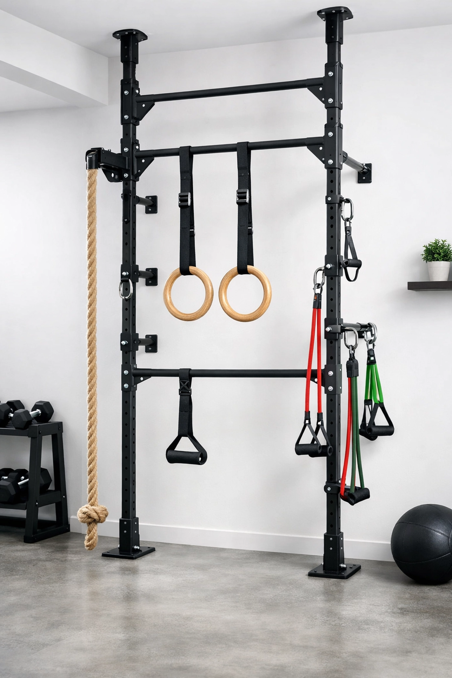 Complete floor-to-ceiling home gym setup with rings, bands, and rope for full body workouts