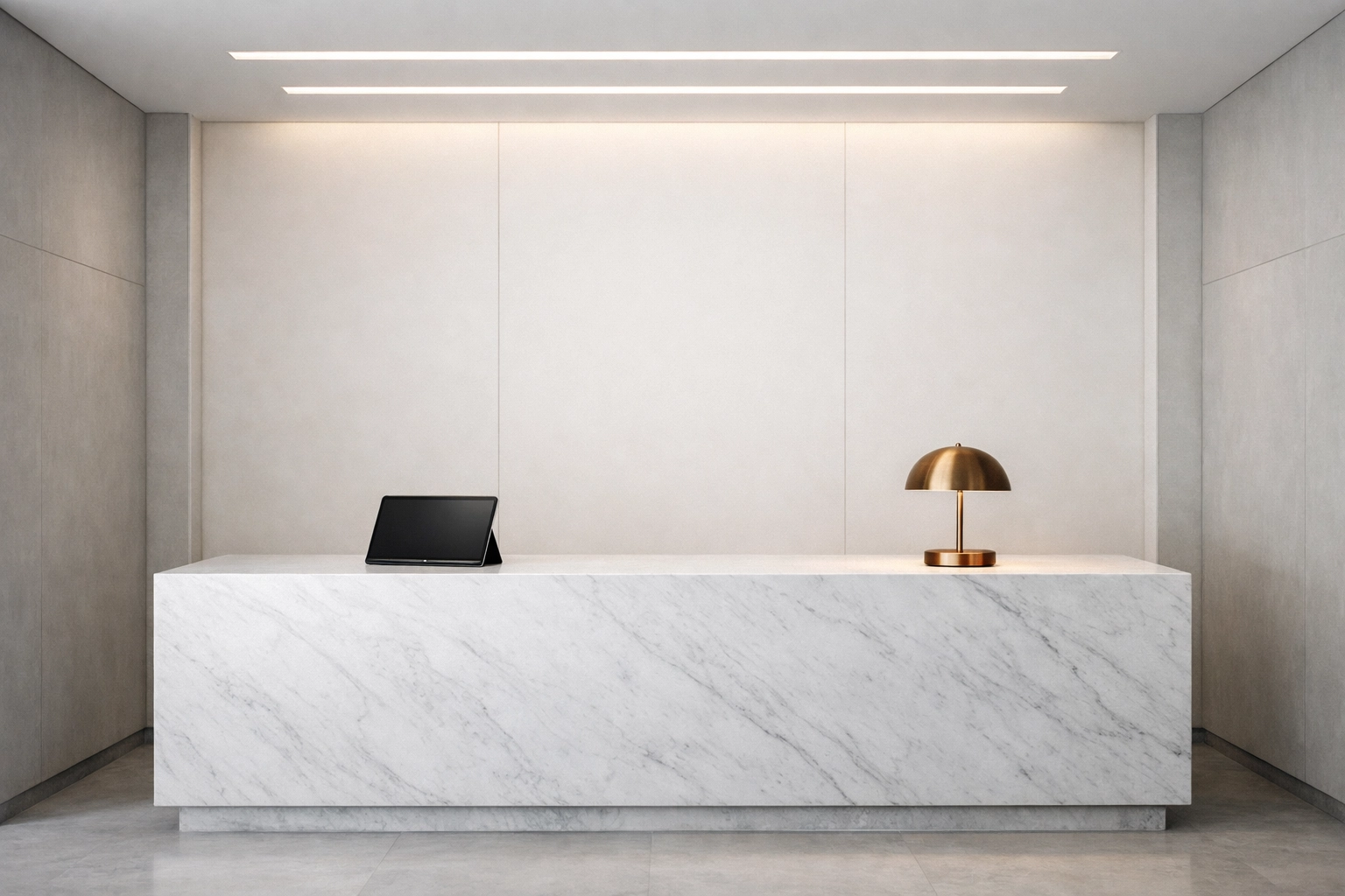 Modern hotel reception desk with a slim tablet for empowered staff using real-time guest data.