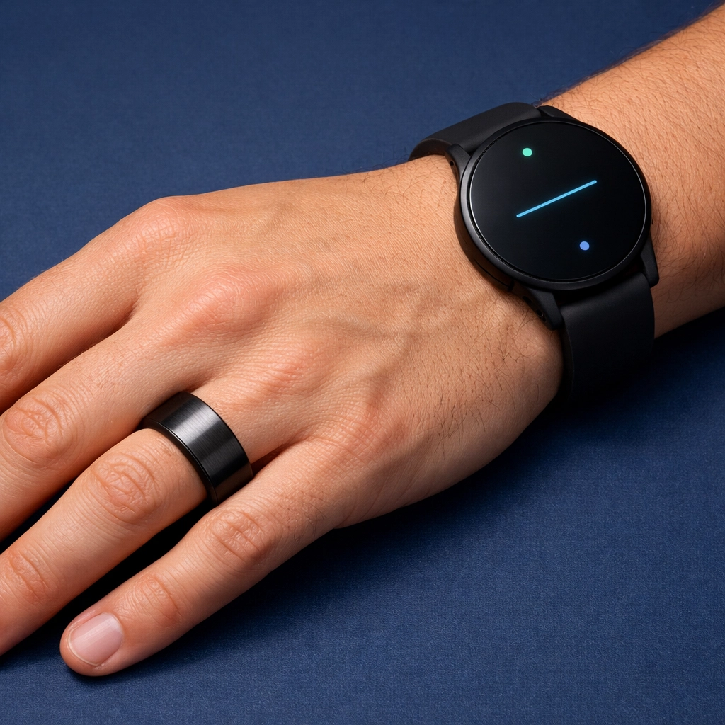 Fitness wearable smartwatch and smart ring tracking biometric data for personalized nutrition.