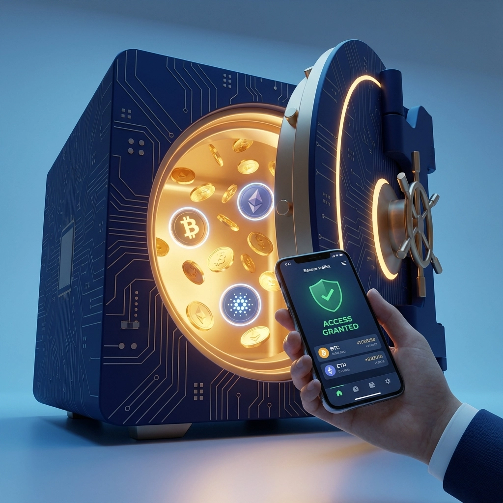 Small business owner secures crypto funds with a smart wallet, emphasizing control and self-custody in point of sale systems.