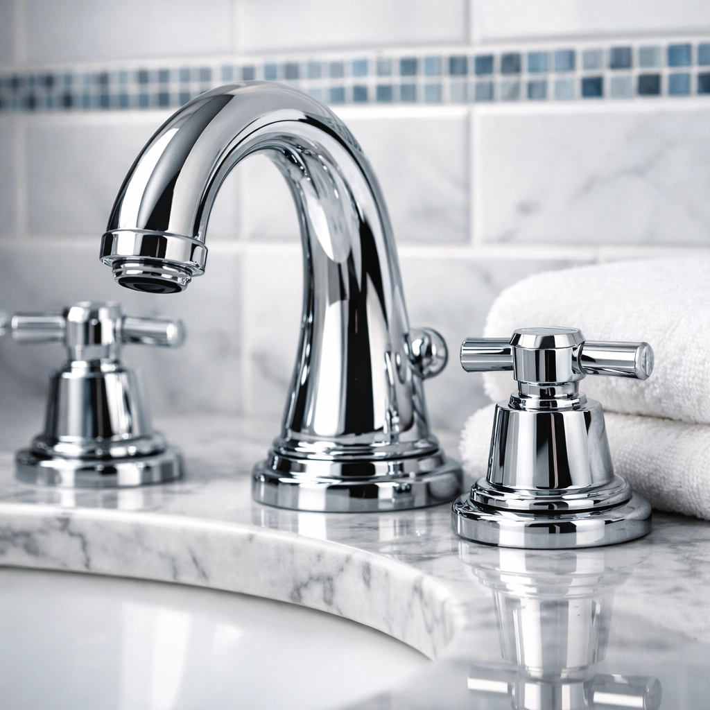 Polished chrome faucet and marble vanity showcasing professional deep house cleaning in a Worcester home.