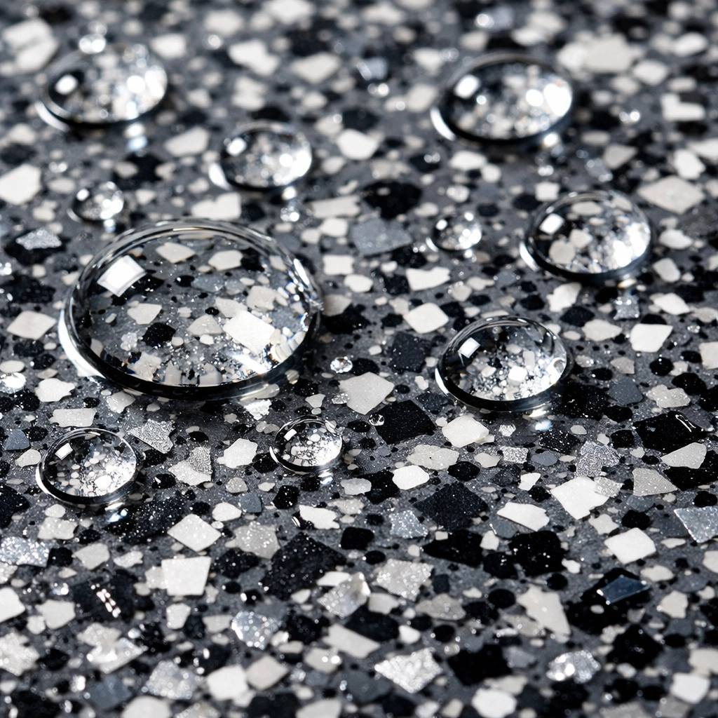 Close-up of polyaspartic coating showing water-resistant surface and color flake detail