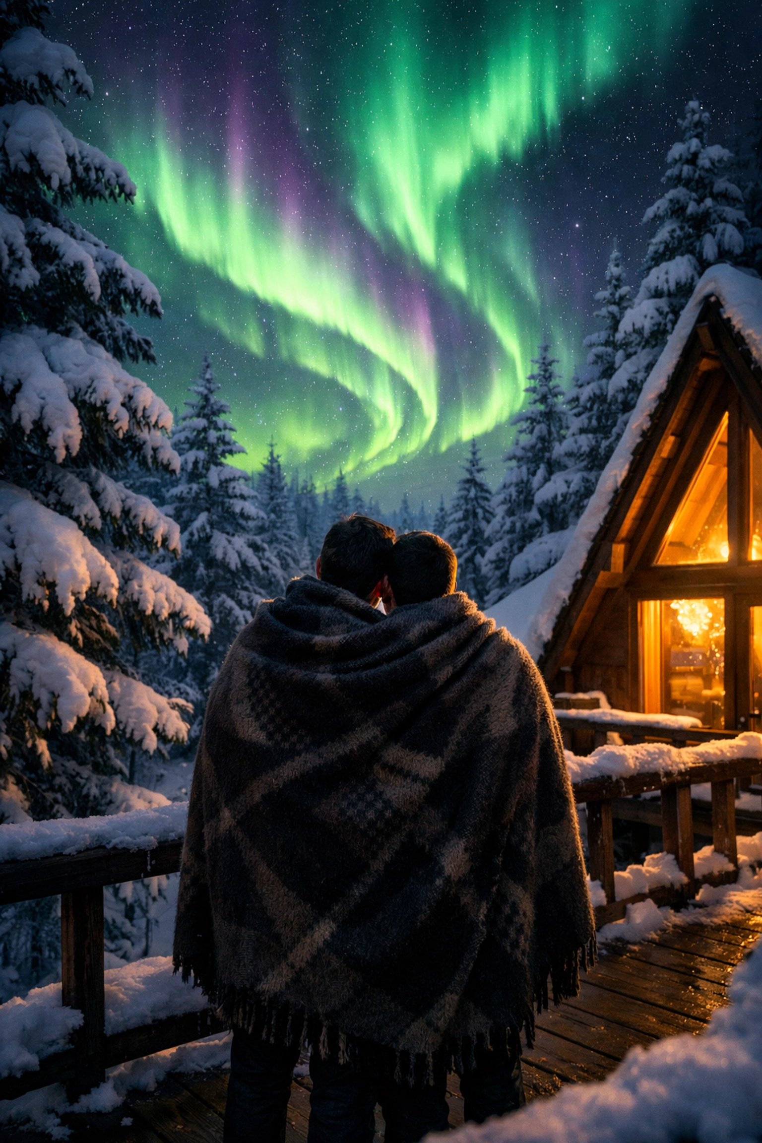 A gay couple watching the Northern Lights from a snowy cabin deck, illustrating the forced proximity trope in MM romance.