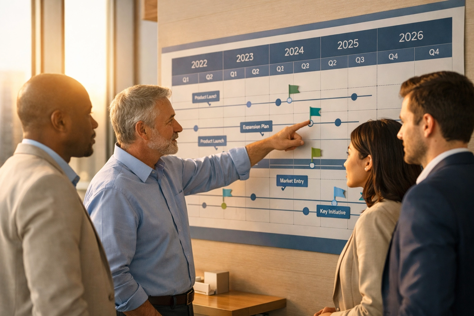 Business team reviewing multi-year tax planning timeline in modern office