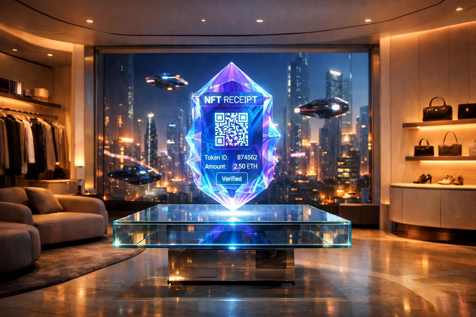 A futuristic store displaying a holographic NFT receipt for secure and transparent Web3 commerce.