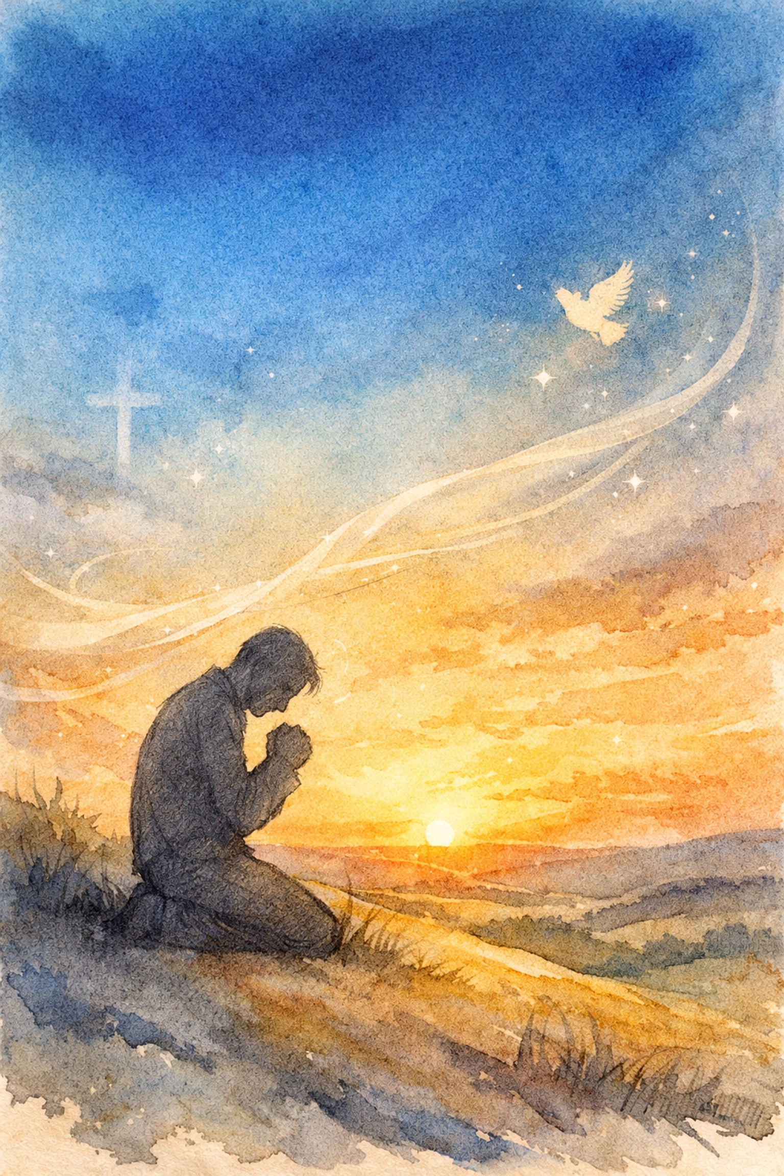 Person kneeling in prayer at sunset symbolizing renewed spiritual passion and connection with God
