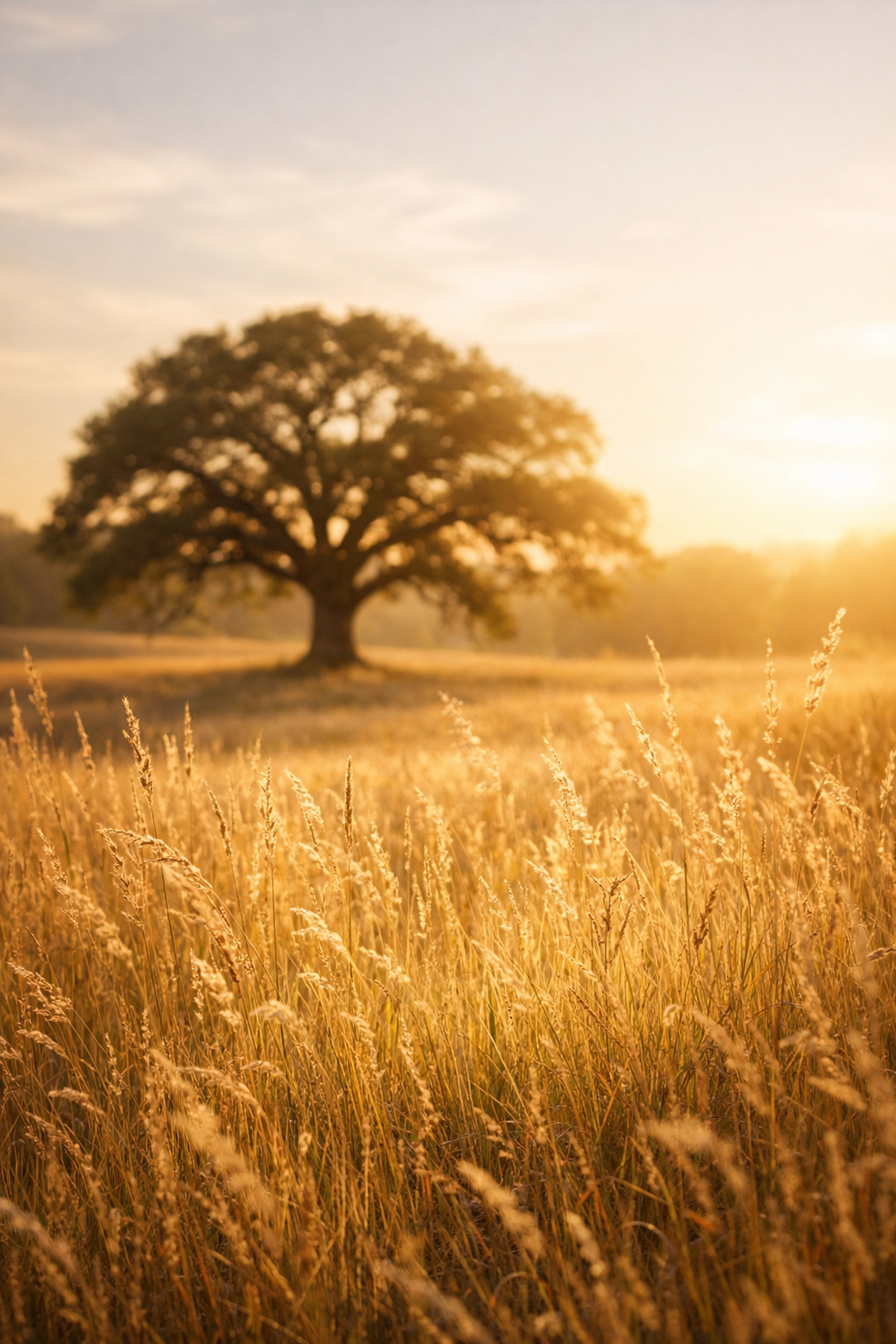 Dreamy photography editing example of a golden hour meadow showcasing a soft glowing Orton Effect.