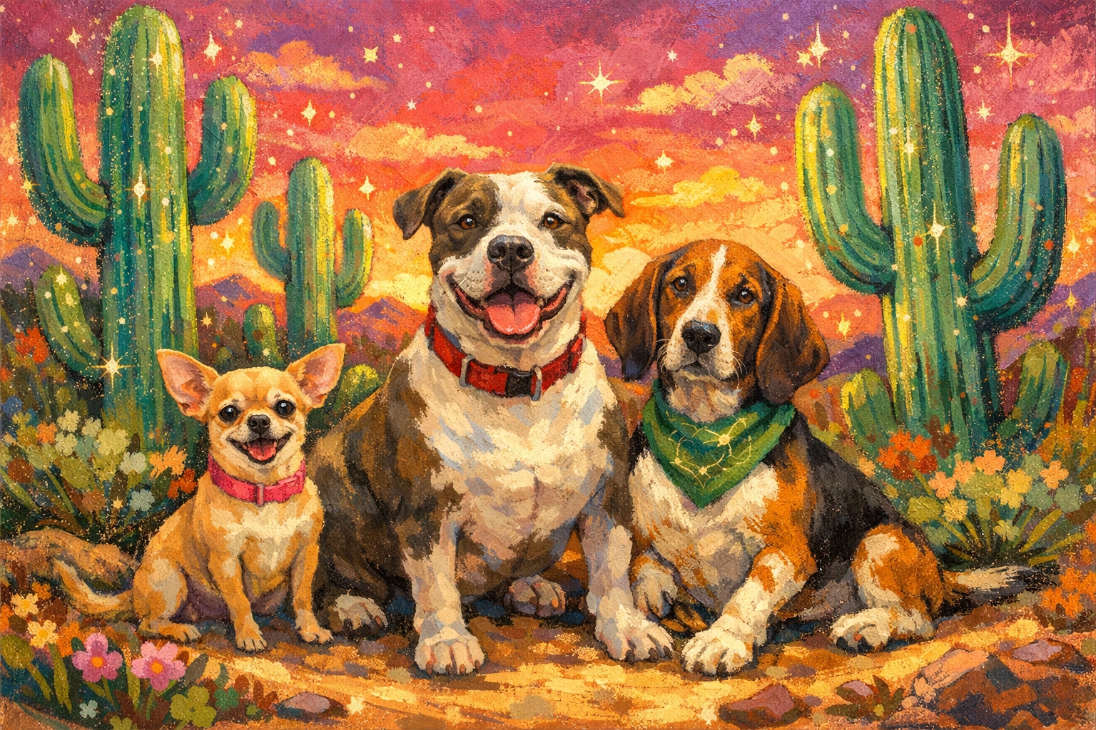 Happy rescue dogs in a desert setting, encouraging others to volunteer at animal shelter programs.