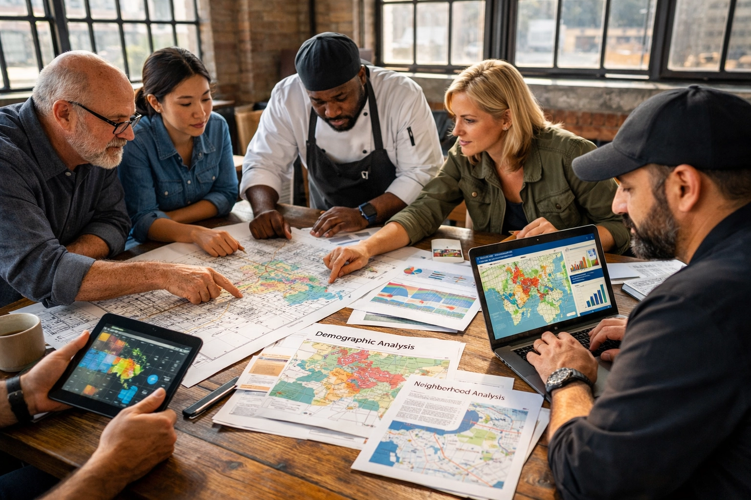 Restaurant consultants reviewing site plans and demographic maps for strategic location planning