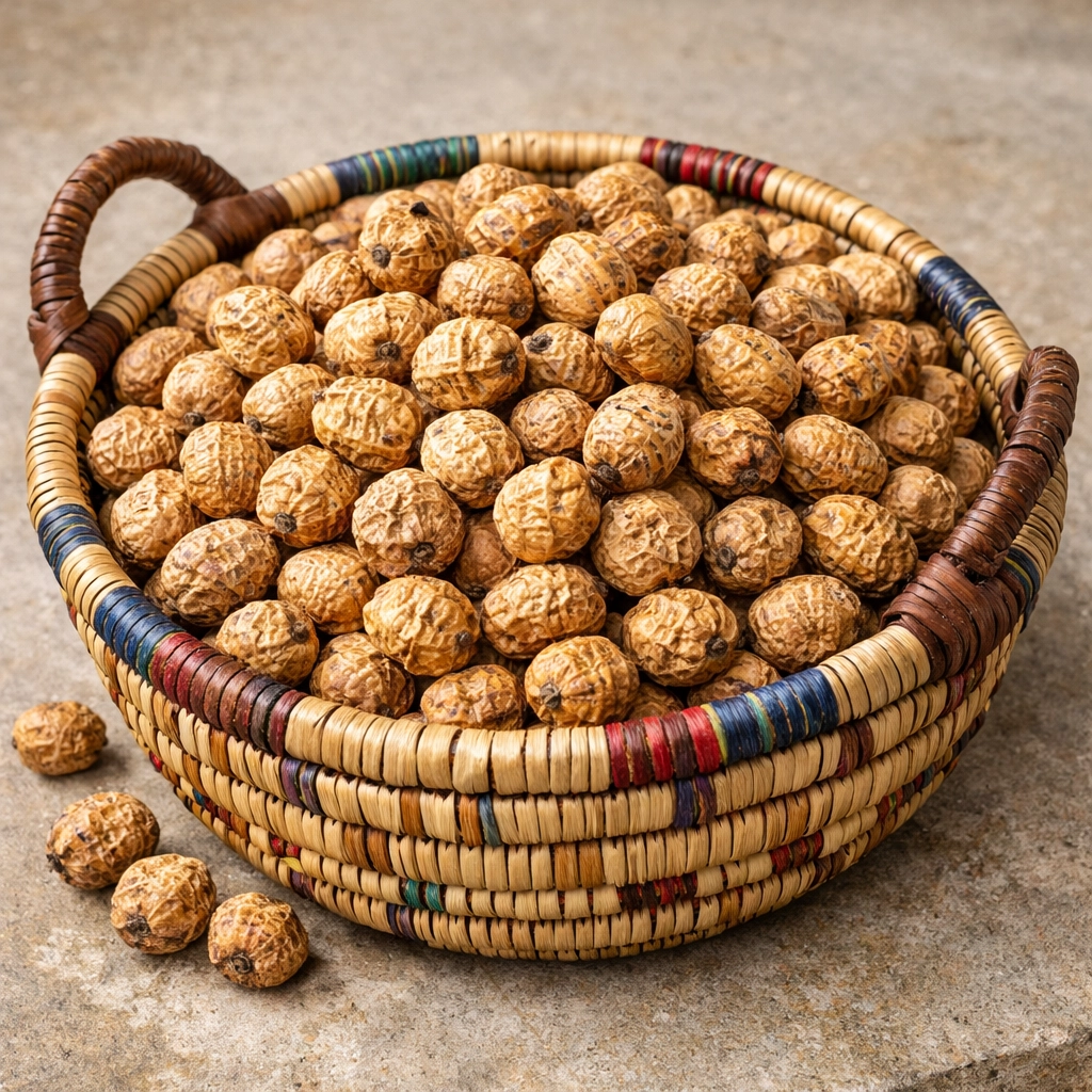 حبات حب العزيز المنتقاة بعناية في سلة تقليدية من متجر Moroccan Goods Shop.