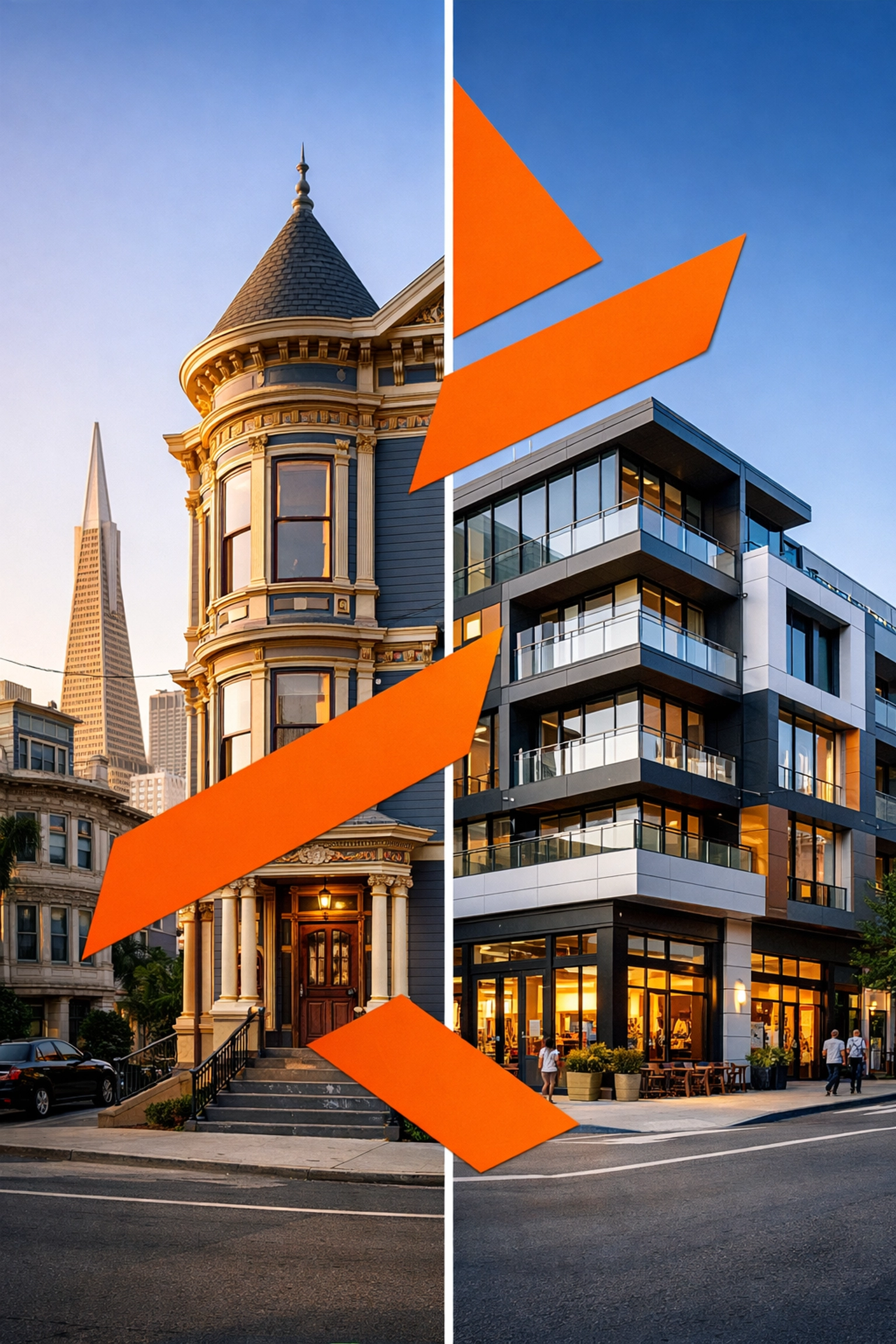 Historic San Francisco Victorian building alongside modern mixed-use development showcasing adaptive reuse