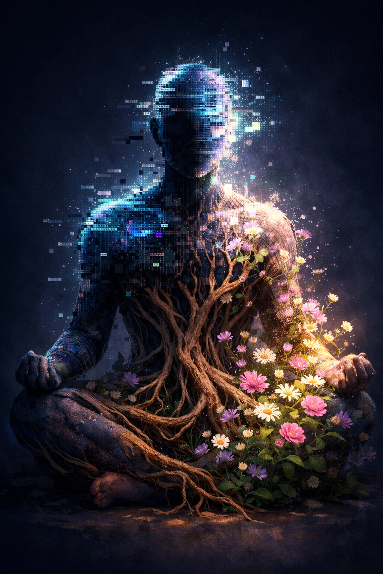 A figure transitioning from digital data streams to organic roots, representing a cognitive brain reset.