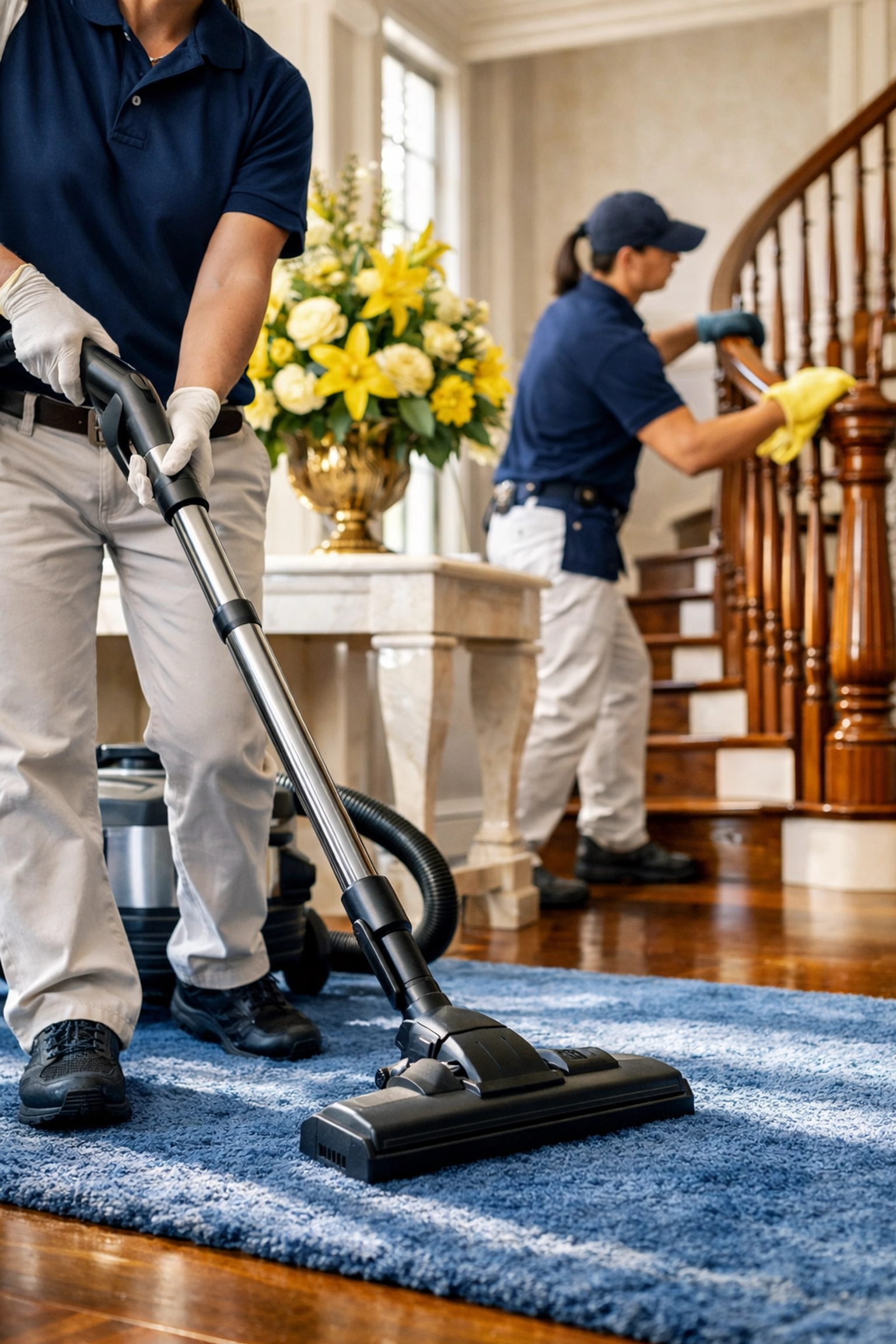Professional maid services Lowell team cleaning a grand foyer and residential staircase.