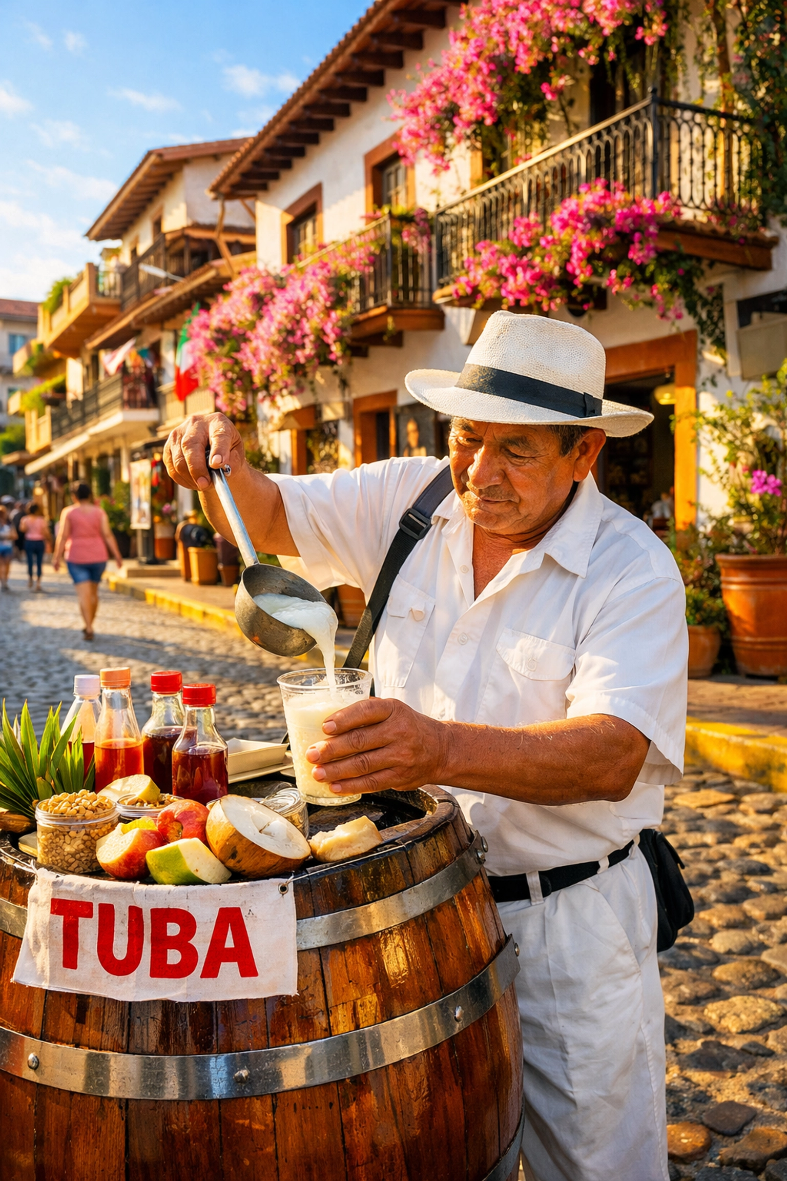 Local tuba vendor serving traditional drinks in Old Town Puerto Vallarta near Zona Romántica condo rentals.