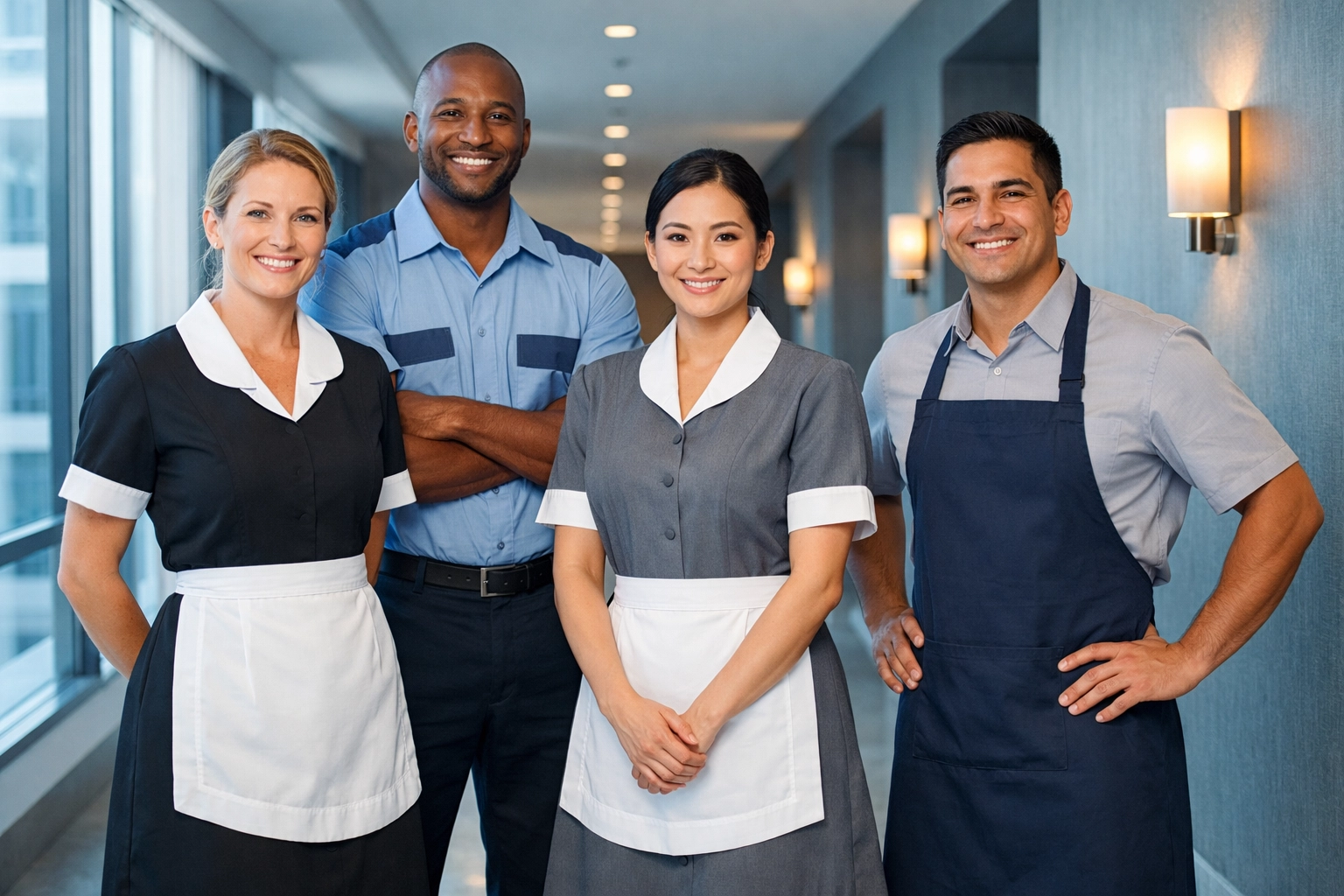 Professional housekeeping team in modern hotel hallway ready to serve guests