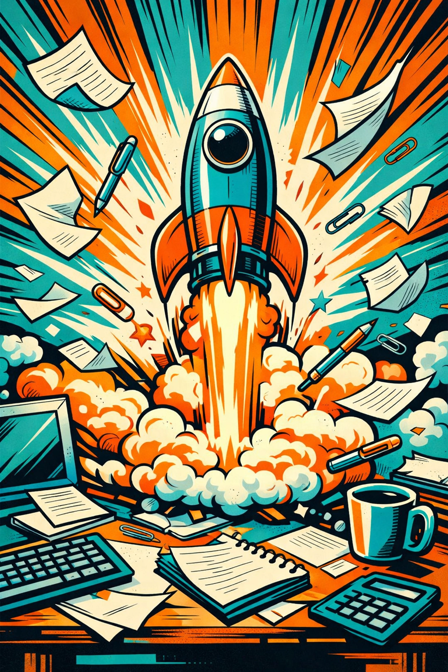 Rocket ship launching from an office desk symbolizing business growth and AI scaling.
