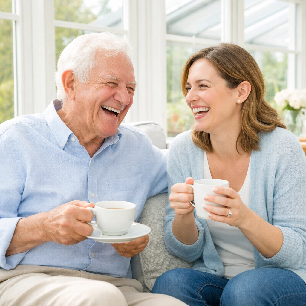 An older man and woman laughing over tea, showing peace of mind with a Southampton care plan.
