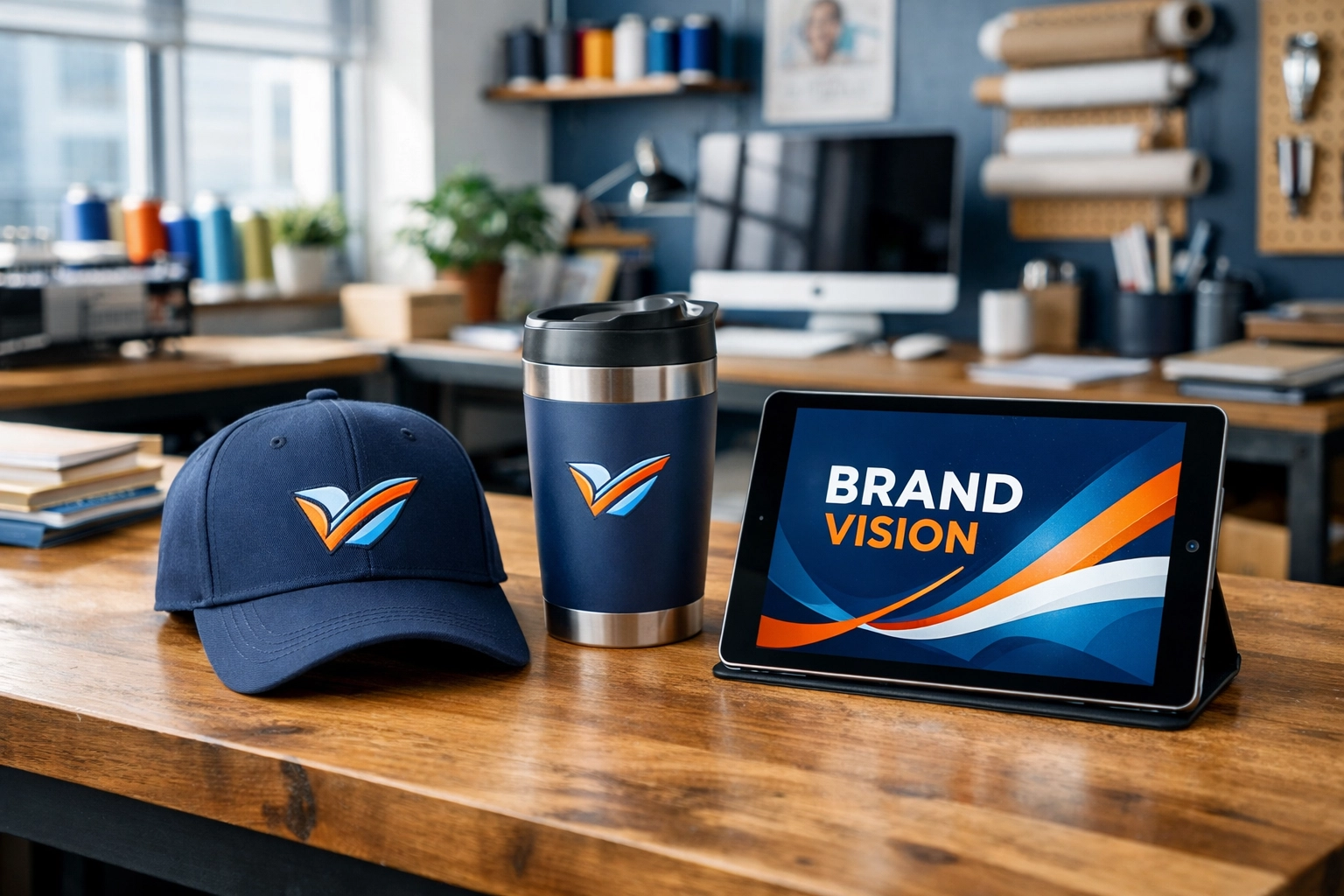 Custom branded promotional products and embroidered hats displayed in a professional branding studio.
