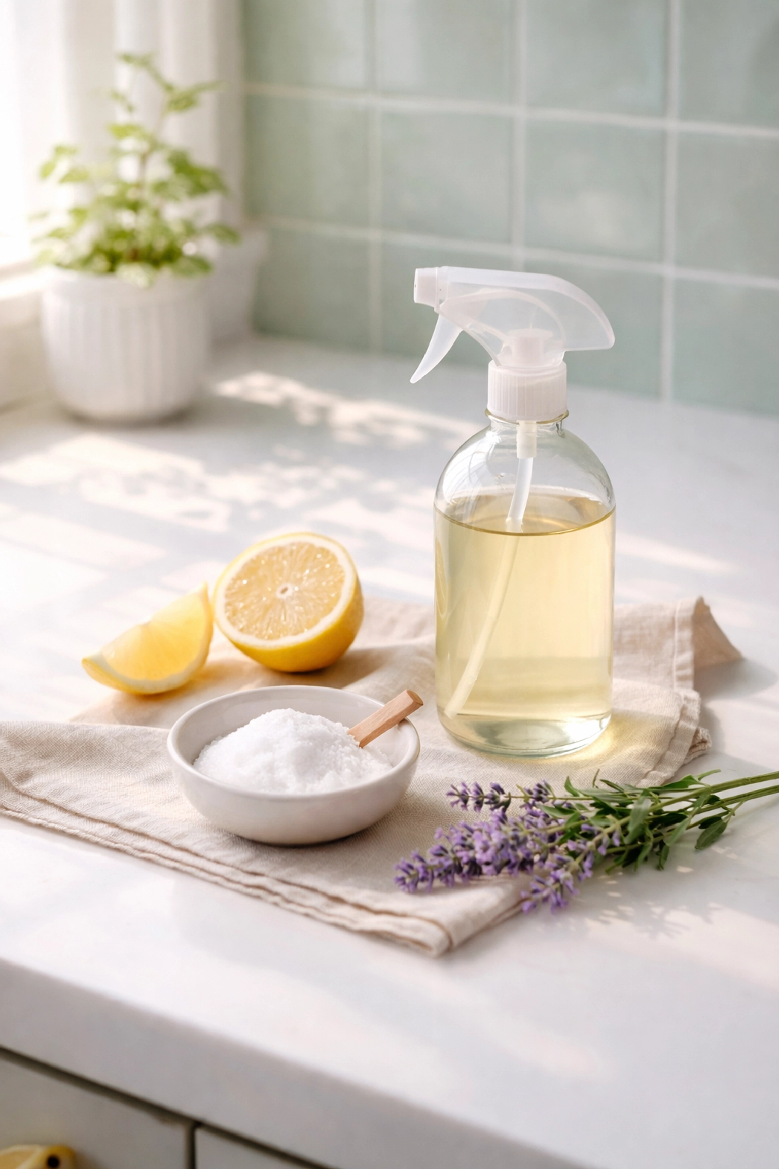 Homemade eco-friendly cleaning solution with lemon, baking soda, and lavender on a minimalist kitchen countertop