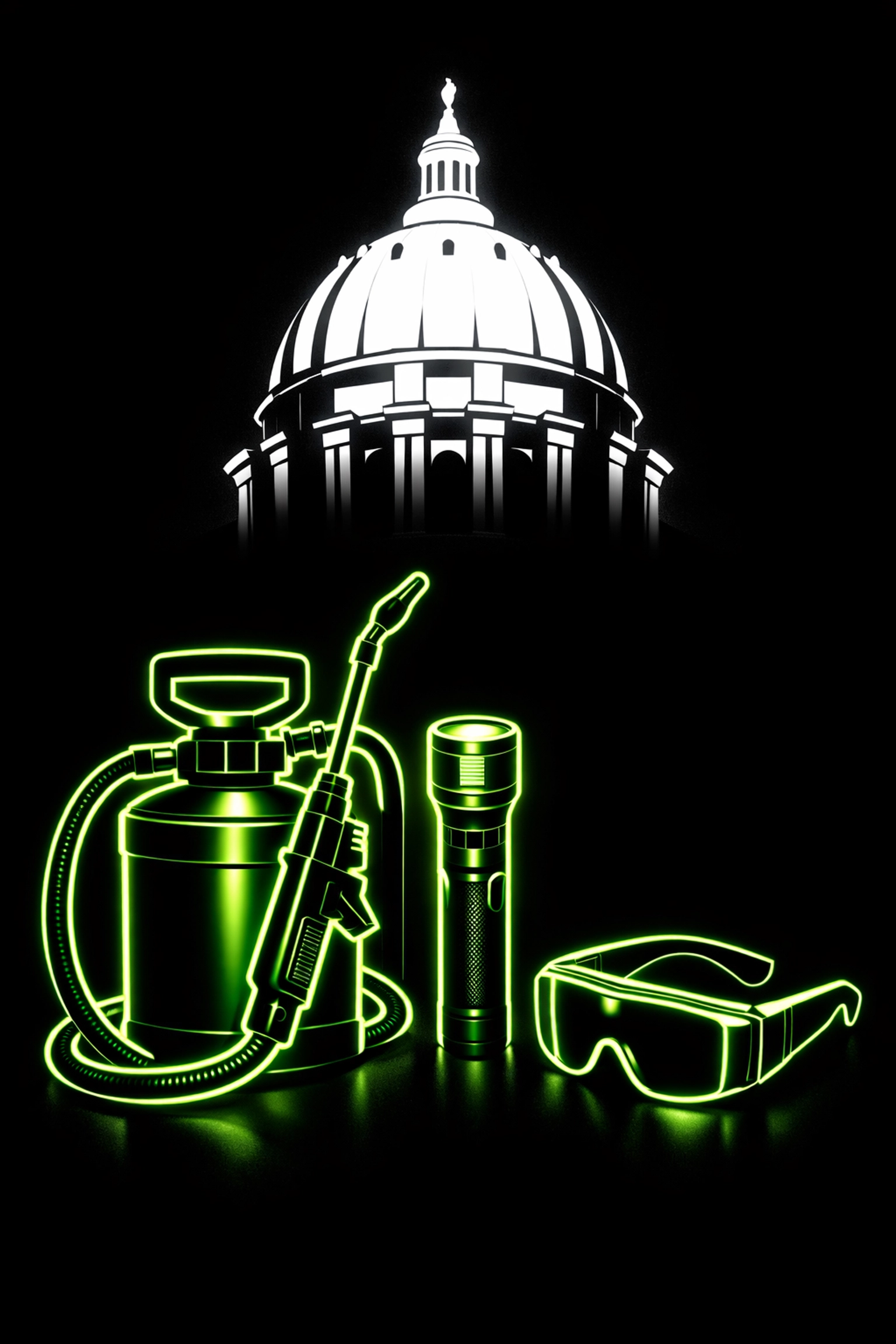 Professional pest control equipment silhouette with the Jefferson City Missouri Capitol background.