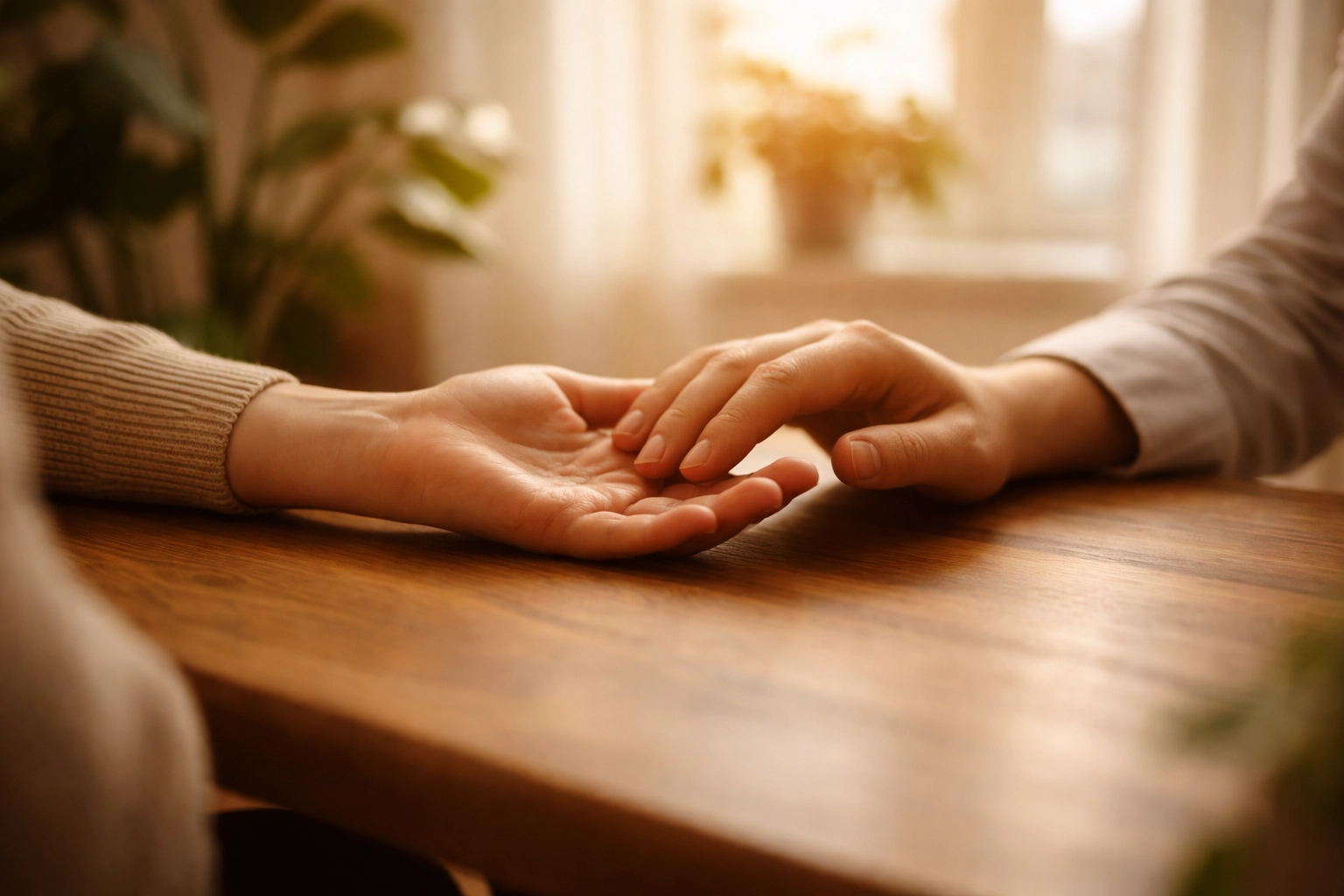 Két kéz egymás felé nyúlva asztalon, bizalmas online konzultáció korai magömlés kezeléséhez