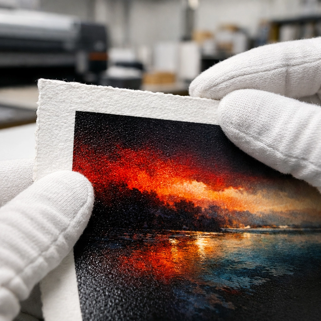 Gloved hands handling archival prints to ensure museum quality in a professional fine art studio.