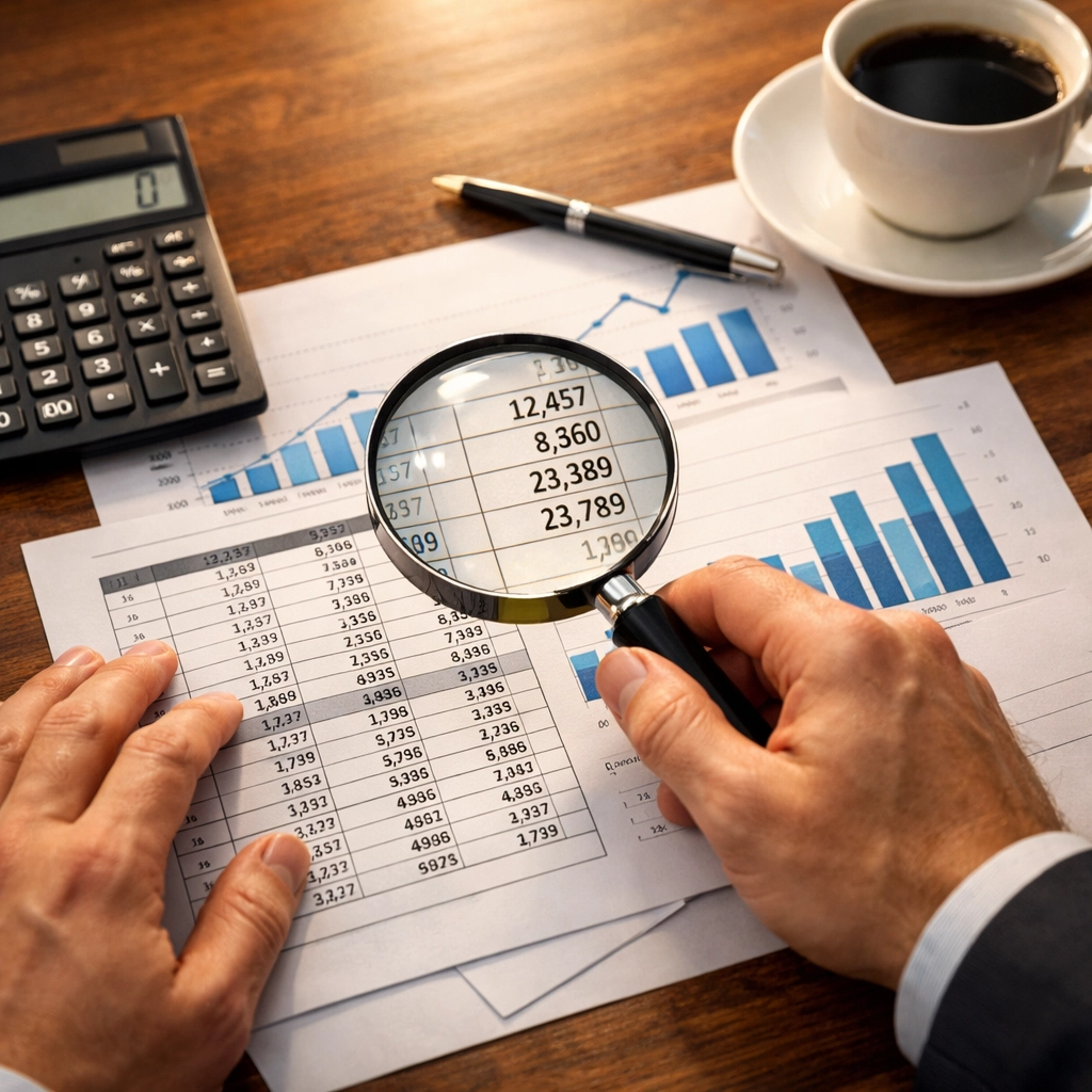 Magnifying glass examining financial statements during due diligence analysis