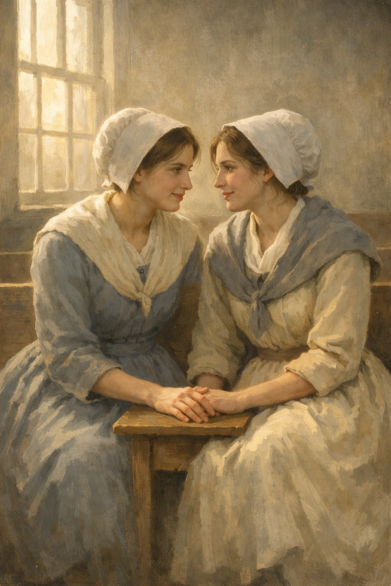 Quaker women sharing intimate conversation in 18th century meeting room