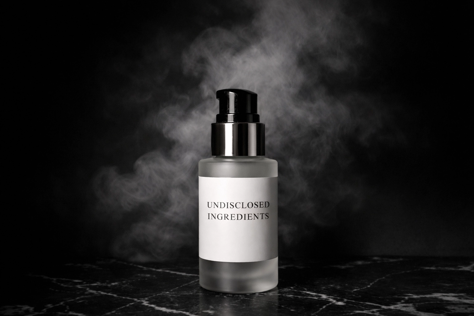 Skincare bottle surrounded by mysterious mist representing hidden fragrance chemicals and toxic ingredients