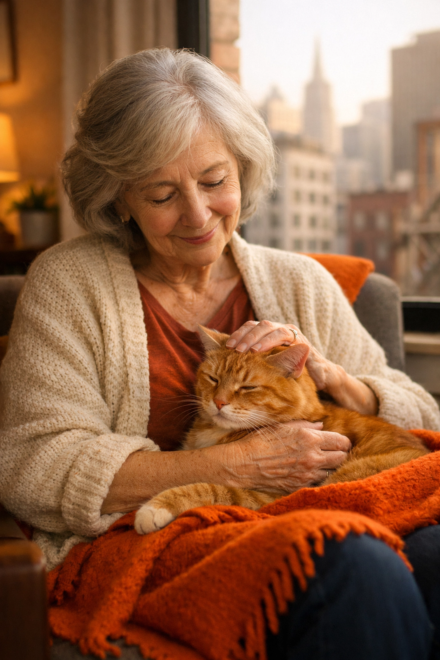 Senior woman holding orange tabby cat in San Francisco apartment showing Bay Area animal welfare bond