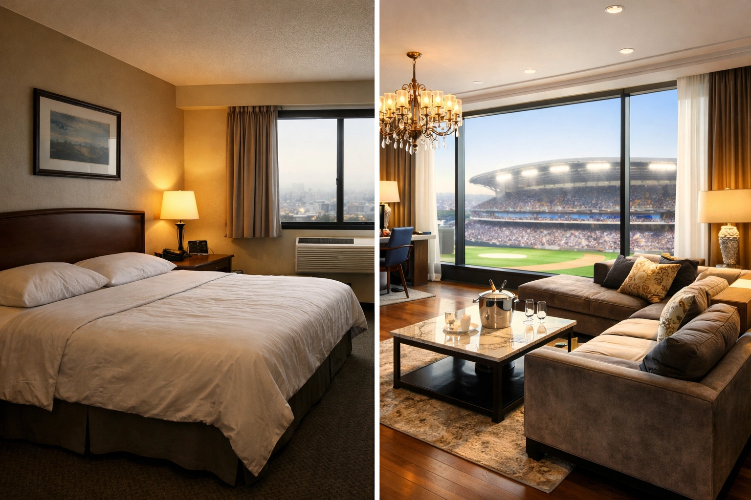 Comparison of budget hotel versus executive suite for Super Bowl corporate travel